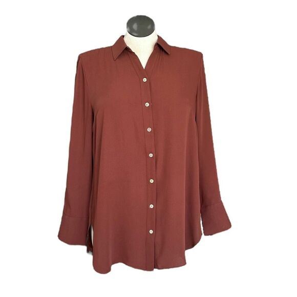 Chico's Women's Brown Pleated Details Button Closure Long Sleeve Shirt Size L - Picture 1 of 7